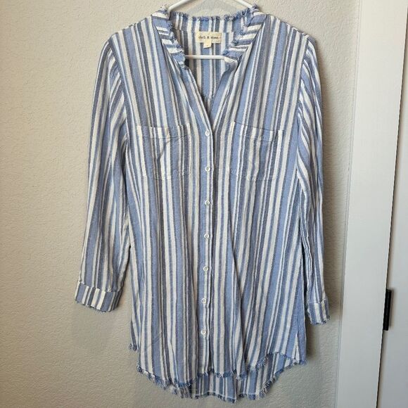 Anthropologie Cloth & Stone Blue White Linen Blend Button Front Shirt - Size S - Picture 1 of 7